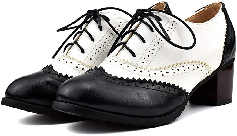 Amazon.com | 100FIXEO Women Block Heel Wingtip Oxford Shoes (7 (B) M US, Black) | Oxfords