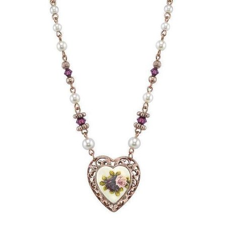 1928 Jewelry Rose Gold-Tone Costume Pearl Purple Flower Heart Necklace