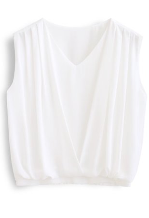 Sleeveless V-Neck Pleated Chiffon Top in White - Retro, Indie and Unique Fashion