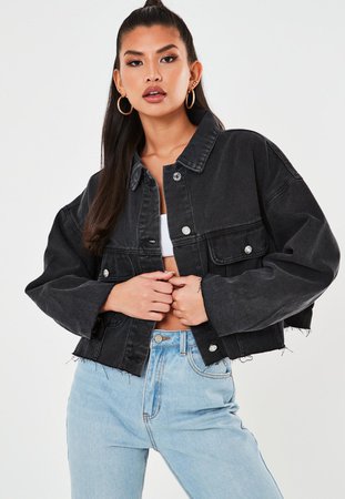 Black Pleat Back Oversized 80s Denim Jacket | Missguided