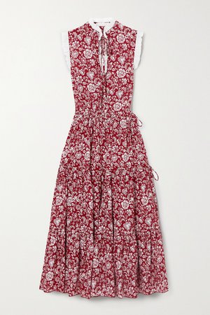 Red Broderie anglaise-trimmed tiered floral-print cotton midi dress | See By Chloé | NET-A-PORTER