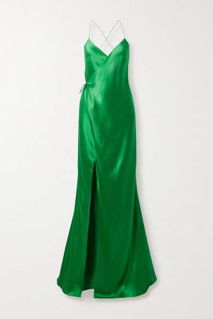 Open-back Silk-satin Wrap Gown - Green