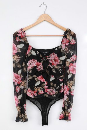 Black Floral Bodysuit - Sweetheart Bodysuit - Mesh Bodysuit - Lulus