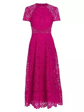 Shop ML Monique Lhuillier Lace Short-Sleeve A-Line Midi Dress | Saks Fifth Avenue