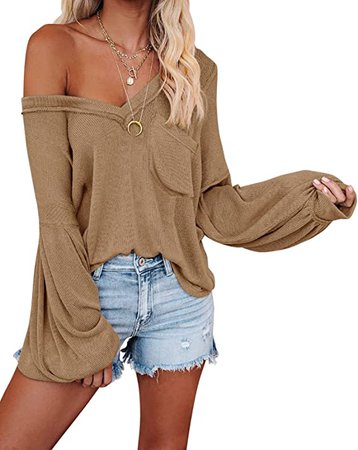 Womens Sexy V Neck Knit Pocket Top Long Lantern Sleeve Off Shoulder Oversized Pullover Sweaters Blouses Light Coffee Small at Amazon Women’s Clothing store