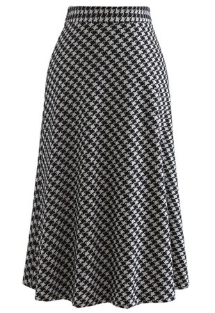 Houndstooth Flare A-Line Midi Skirt in Black - Retro, Indie and Unique Fashion