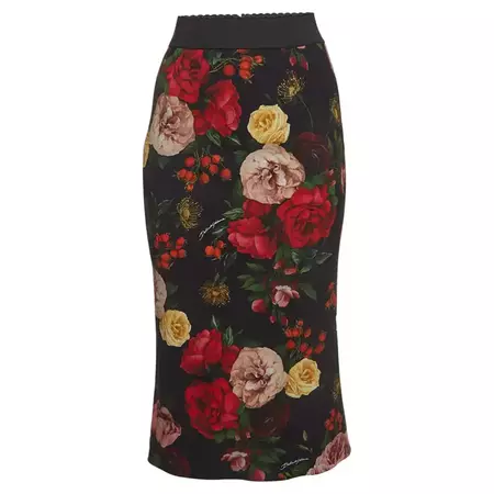 Dolce and Gabbana Black Floral Print Crepe Pencil Skirt XS For Sale at 1stDibs