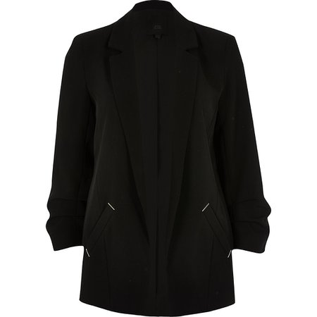 Black ruched sleeve open front blazer | River Island