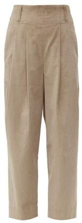 High Rise Cotton Blend Corduroy Trousers - Womens - Beige