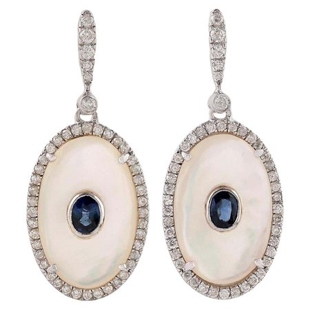 Blue Sapphire Pearl Diamond 18 Karat Gold Earrings For Sale at 1stDibs