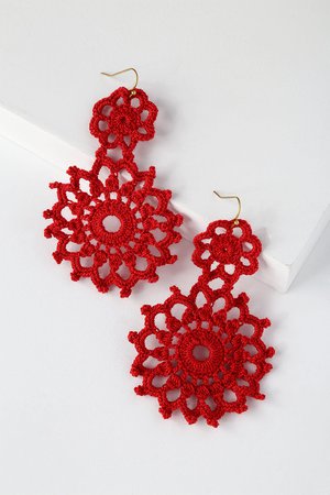 Boho Red Earrings - Crocheted Earrings - Statement Earrings