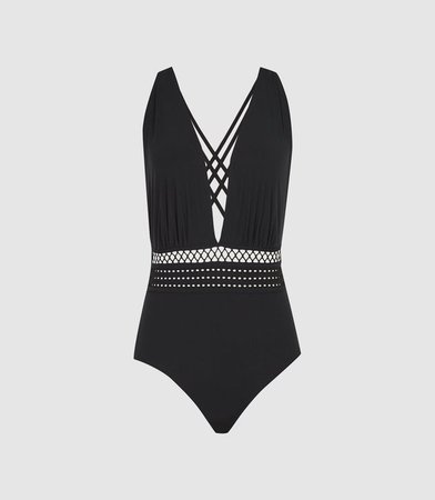Laila Black Plunge Front Swimsuit – REISS