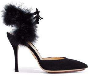 Feather-trimmed Suede Pumps