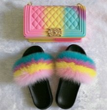 blue, pink, and yellow faux fur slides and matching clutch purse