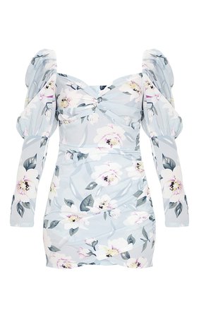 Pale Blue Floral Sleeve Twist Detail Dress | PrettyLittleThing