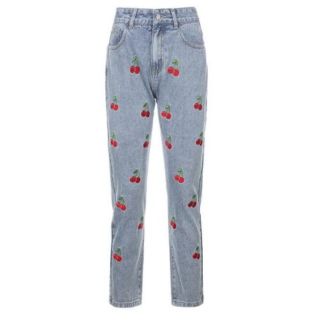Cherry Embroidery Denim Pants