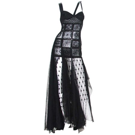 New Atelier Versace F/W 1993 Sheer Black Net Embroidered Dress Gown For Sale at 1stDibs