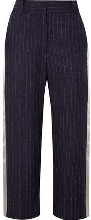 Bexley Cropped Satin-trimmed Pinstriped Wool-blend Twill Straight-leg Pants - Midnight blue