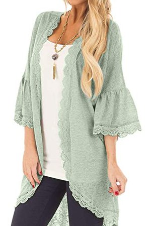 Women 3/4 Bell Sleeve Beach Sheer Lace Kimono Cardigan Summer Solid Color Open Front Cover Up Black S at Amazon Women’s Clothing store