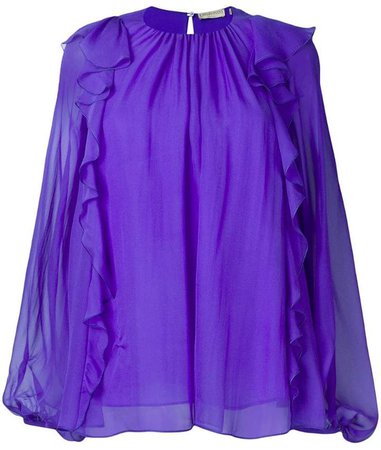 Purple Ruffled Long-Sleeve Silk Top