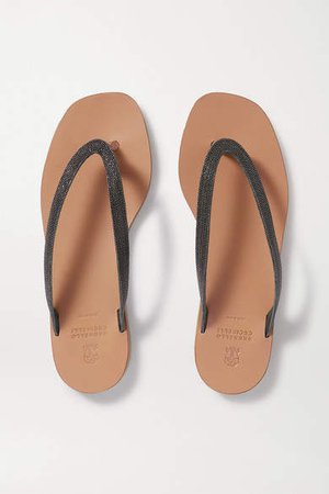 Beaded Leather Flip Flops - Tan