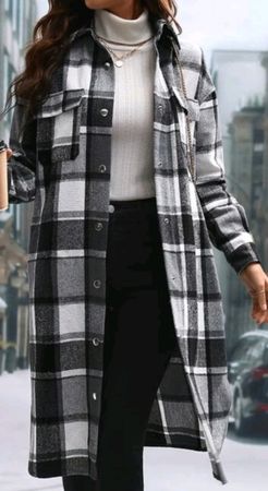 SHEIN LUNE Plaid Flap Pocket Drop Shoulder Slit Hem Tweed Overcoat