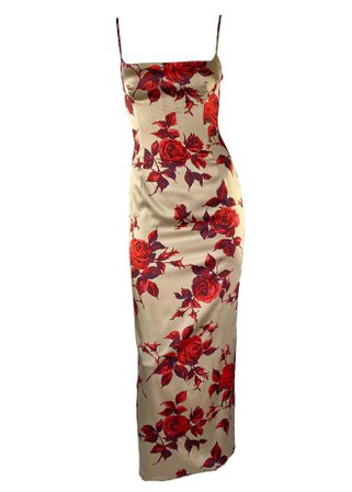 1990s Dolce and Gabbana Taupe Red Rose Silk Satin Pin-Up Dress Vintage For Sale at 1stDibs