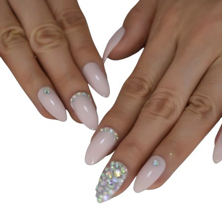 Light Pink Press On Nails Crystals AB Pre-desgined Nail Ar Tips Stiletto Medium Ladies Fingernail with Adhesive Tabs