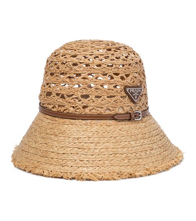 Prada - Raffia leather-trimmed bucket hat | Mytheresa