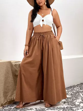 SHEIN VCAY Plus Knot Front Wide Leg Summer Pants | SHEIN USA