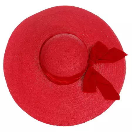 Vintage 1940s Wide Brim Red Straw Hat With Red Velvet Ribbon by Mr Leon For Sale at 1stDibs