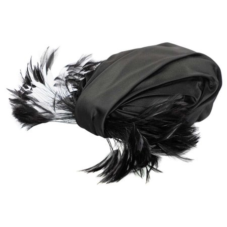 Vintage Elsa Schiaparelli Black Sculpted Satin Hat With Feathers For Sale at 1stdibs