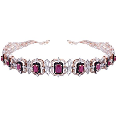 14 Karat Gold, Diamond and Ruby Necklace-Choker with Earrings For Sale at 1stDibs