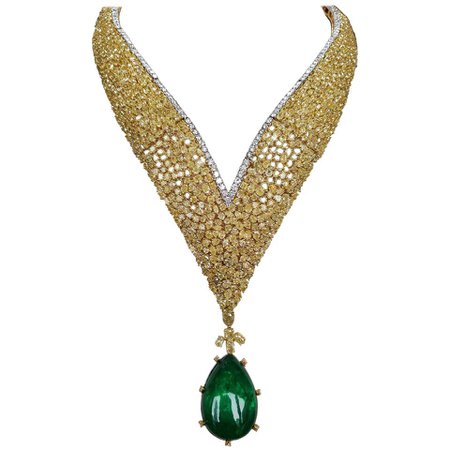 Emerald Drop Pendant and Yellow Diamond Necklace in 18 Karat Gold