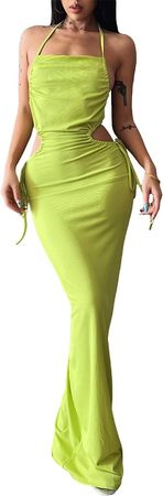 Sexy Halter Neck Backless Maxi Dress Hollow Out Waist Slim Fit Bodycon Long Dress Party Club Dresses at Amazon Women’s Clothing store