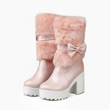 Furry Pink Bow Winter Boots Vegan Fur Lined Quality | Kawaii Babe