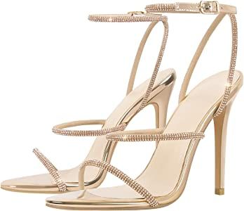Amazon.com | LISHAN Women's Sparkly High Heels Heeled Sandals Rhinestone Diamond Studded Sexy Slingback Round Open Toe Sandals Ankle Buckle Stilettos Cocktail Party Glitter Crystal Triple Straps Shoes Rose Gold Size 6 | Heeled Sandals