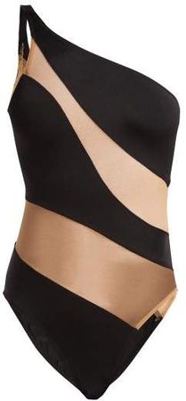 Mio One Shoulder Mesh Panelled Swimsuit - Womens - Black Nude