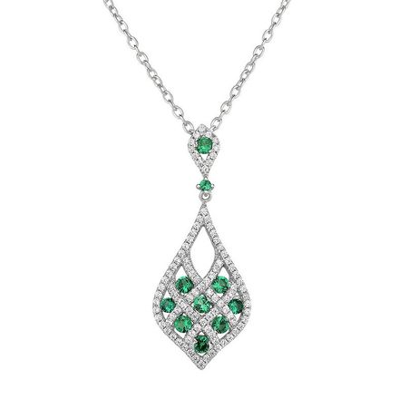 Lab-Created Green Spinel & Cubic Zirconia Sterling Silver Openwork Teardrop Pendant Necklace