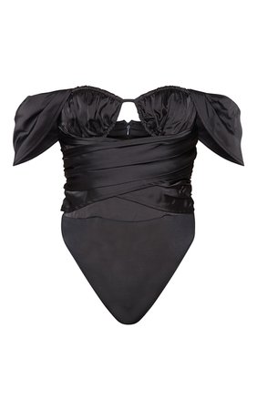 Black Textured Satin Structured Bodysuit | PrettyLittleThing USA