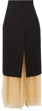 Layered Wool Blend And Tulle Midi Skirt - Womens - Black Multi