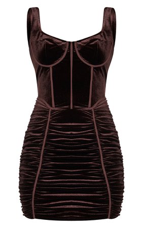 Chocolate Velvet Corset Ruched Bodycon Dress | PrettyLittleThing USA