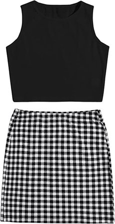 Amazon.com: Floerns Women's 2 Piece Outfit Rib Knit Tank Top with Plaid Print Skirt Set Black and White M : Clothing, Shoes & Jewelry