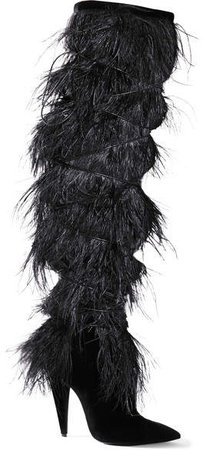 Yeti Feather-trimmed Suede Over-the-knee Boots - Black