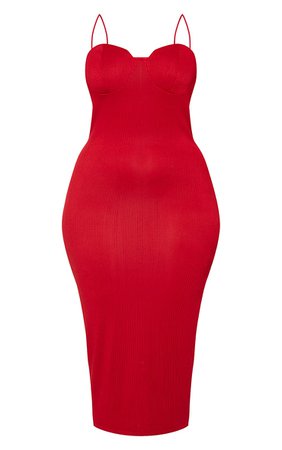 Plus Red Crinkle Rib Cup Detail Midi Dress | PrettyLittleThing USA