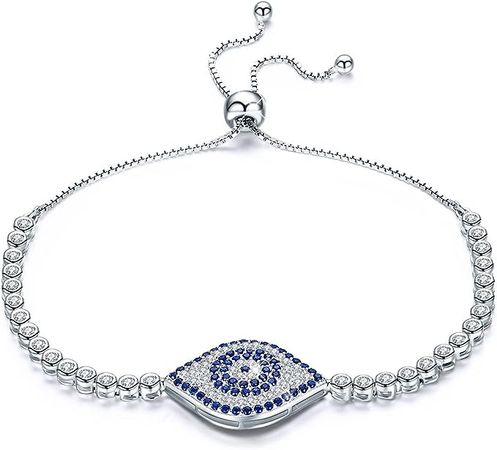 Sterling Silver Blue Evil Eye Bracelets Sparkling Cubic Zirconia Adjustable Chain Bracelet for Women Christmas Gifts Lucky Jewelry: Clothing, Shoes & Jewelry