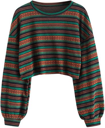 ZAFUL Women's Tribal Ethnic Graphic Cropped Knitwear Bohemian Long Sleeve Pullover Sweater Boho Drop Shoulder Knitted Top Multicolored at Amazon Women’s Clothing store