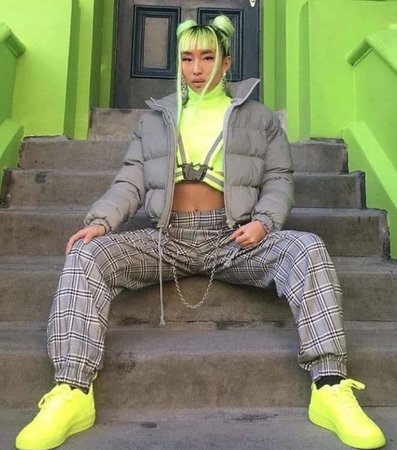 sexy streetwear poses mood lighting lime green hairstyle