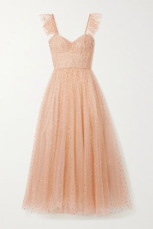 Blush Ruffled gathered glittered tulle gown | Monique Lhuillier | NET-A-PORTER