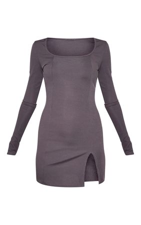 Tall Charcoal Rib Long Sleeve Bodycon Dress | PrettyLittleThing USA